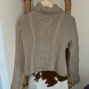 Paul James 100% Wool Cable Knit Fisherman’s Crop Top Turtle Neck Sweater